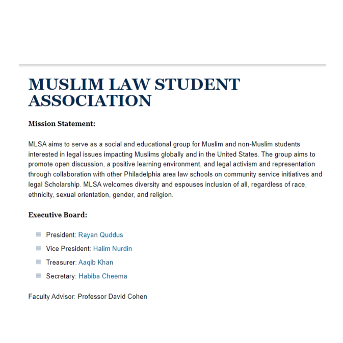 Muslim Organizations in USA - Muslim Law Student Association at Drexel Kline Law